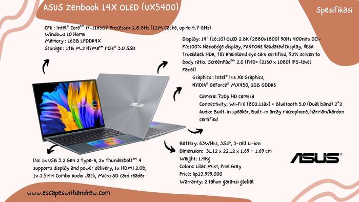 ASUS Zenbook 14X OLED (UX5400) Jadi Laptop Terbaik Travel Blogger